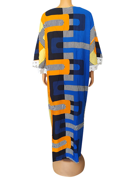 Colorful O-neck Bat Sleeve Kaftan for Women in African Print